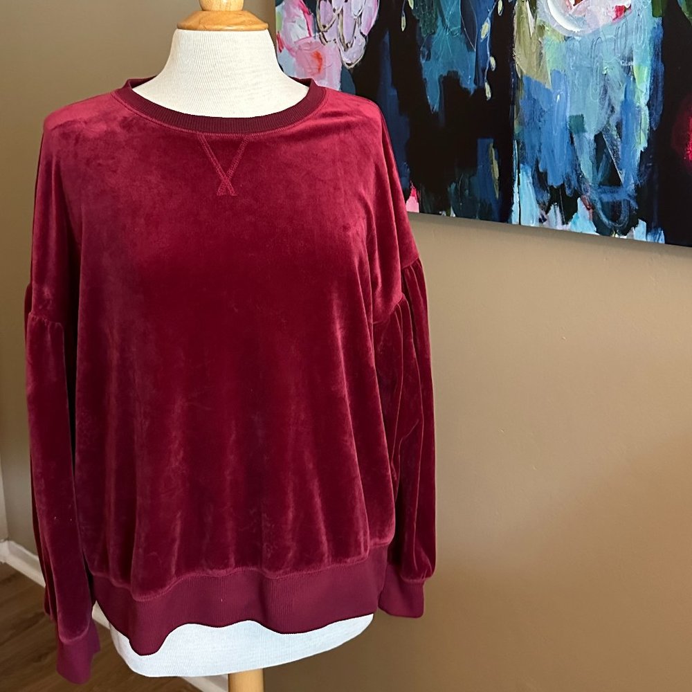 Gilligan & O'Malley Burgundy Crushed Velvet Balloon Sleeve Top Size Large
